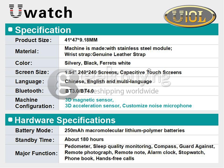 U10L U Watch Normal Waterproof Anti-lost Bluetooth Smart Dial Bracelet Watch for iPhone Samsung Android Phone - Silver