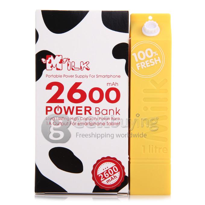 Portable Milk Box Style 2600mAh External Power Bank Battery Charger for Smartphone - Yellow