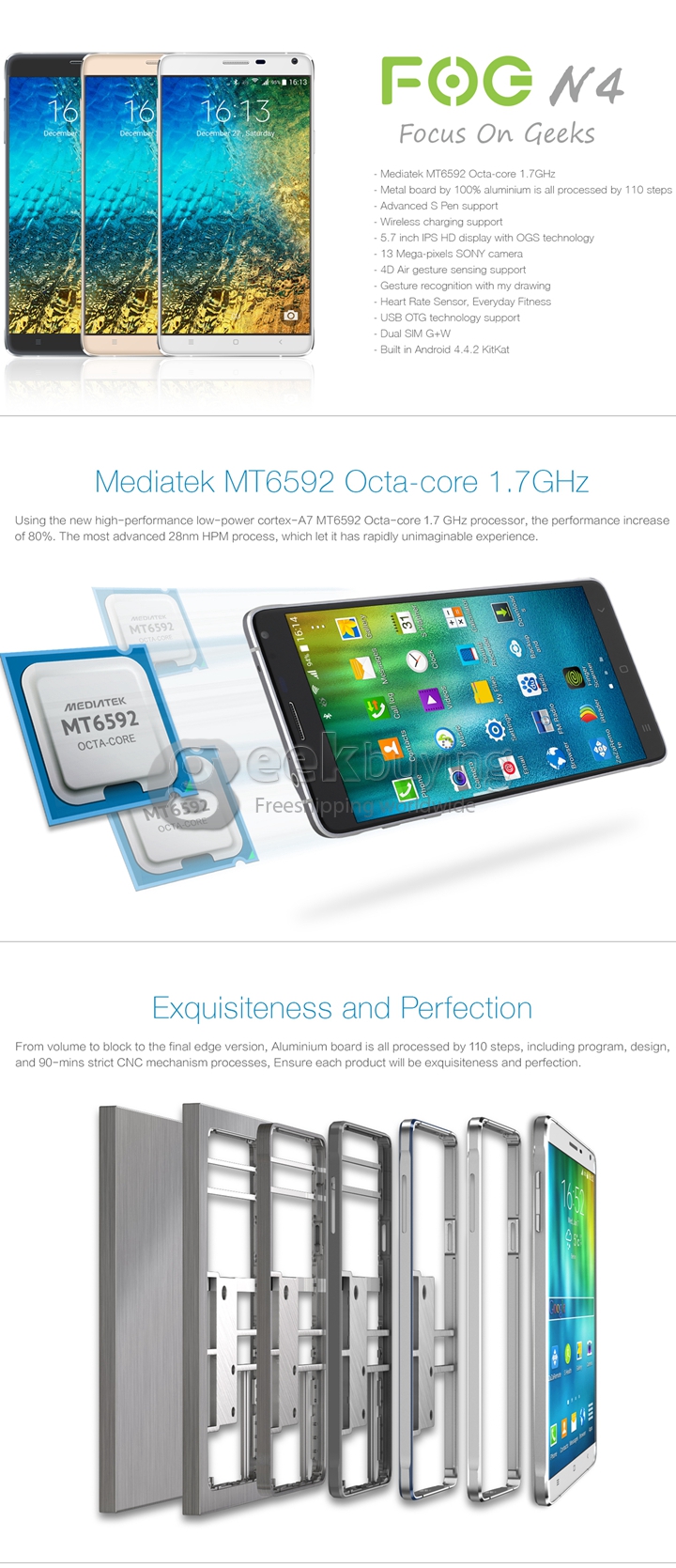 FOG N4 5.7 inch IPS HD Screen Android 4.4 MTK6592 OctaCore 1.7GHz Smartphone 1GB+16GB 13.0MP+5.0MP 3G/GPS - Golden