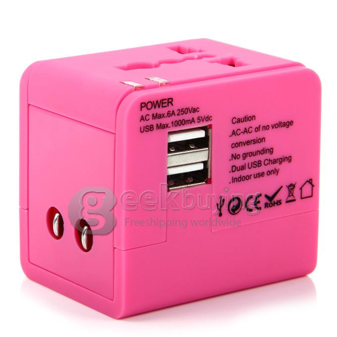 International 5 in 1 US EU AU UK Plug Travel Adapter Charger Socket with Dual USB Power - Pink