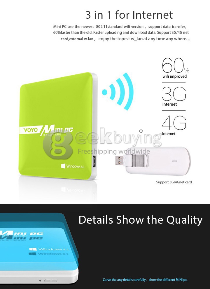 VOYO Windows 8.1 Mini PC Intel Z3735F Quad Core 2G/32G WIFI XBMC KODI Bluetooth HDMI OTG with 1000mAh Battery - Blue