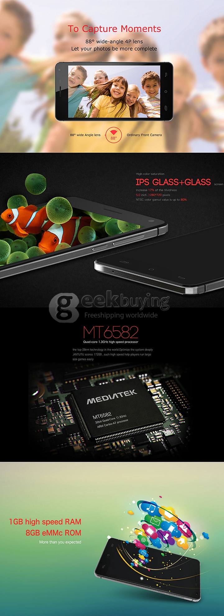 CUBOT S200 5.0inch IPS HD MTK6582 Quad Core 1.3GHz Smartphone Android 4.4 1GB 8GB 13.0MP 8.0MP Smart Wake 3G - Black