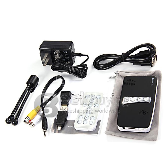 Mini MP-60A 100 Lumens DLP LED Projector 854 * 480 800:1 Built-in 2600mAh Battery with HDMI/AV/VGA/TF - Black(US Plug)