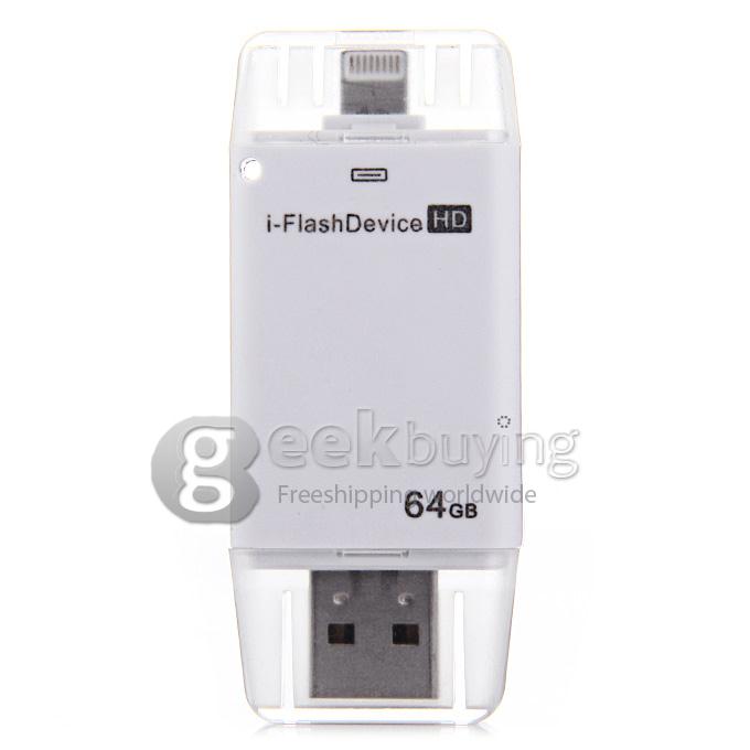 i-Flash HD Drive 64GB USB + 8-pin Port Flash Drive Memory Stick for iPad iPod iPhone 5s iPhone6 - White