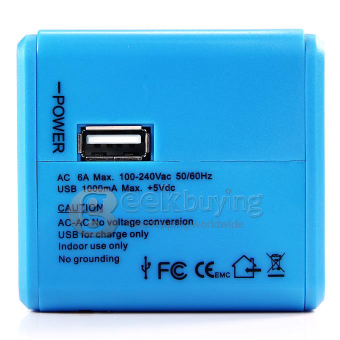 Universal Global Travel AC UK / EU / US / AU Plug Power Adapter Conversion Socket General with USB Port - Blue