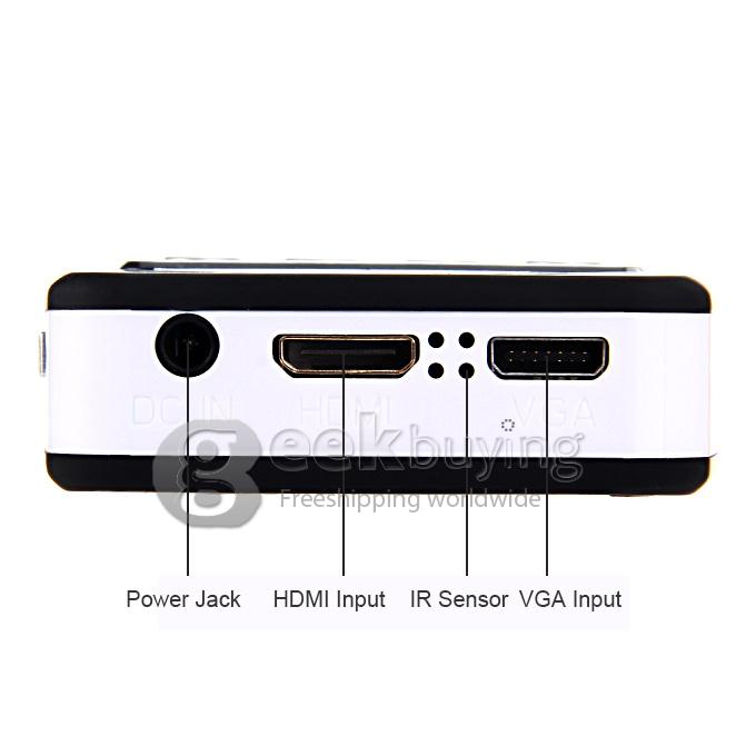Mini MP-60A 100 Lumens DLP LED Projector 854 * 480 800:1 Built-in 2600mAh Battery with HDMI/AV/VGA/TF - Black(US Plug)