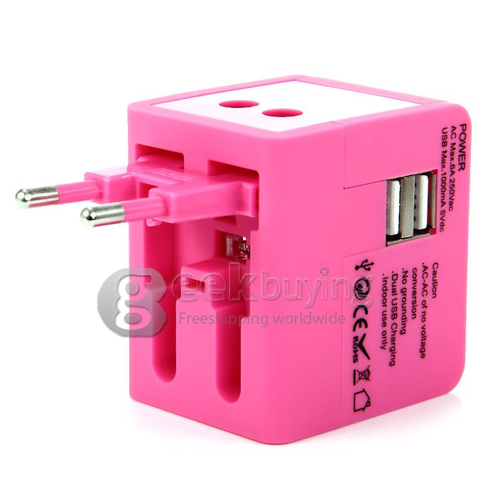 International 5 in 1 US EU AU UK Plug Travel Adapter Charger Socket with Dual USB Power - Pink