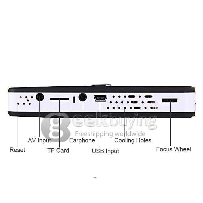 Mini MP-60A 100 Lumens DLP LED Projector 854 * 480 800:1 Built-in 2600mAh Battery with HDMI/AV/VGA/TF - Black(US Plug)
