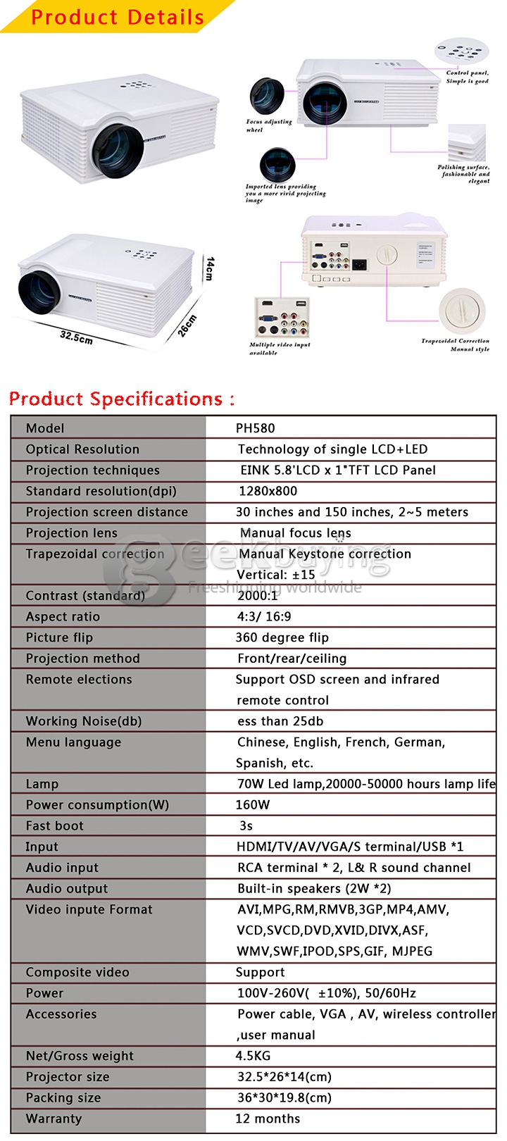 ProHome PH580 LED Projector Multimedia HD 1080P 1280*800 3200 Lumens HDMI USB VGA for Smartphone Game Home Theater White