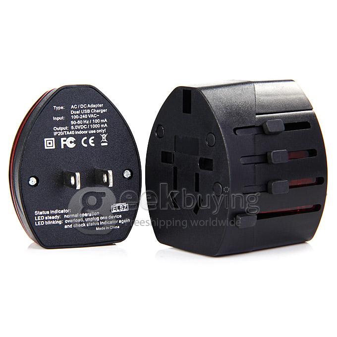 Universal Global Travel AC UK / EU / US / AU Plug Power Adapter Dual USB Conversion Socket - Black
