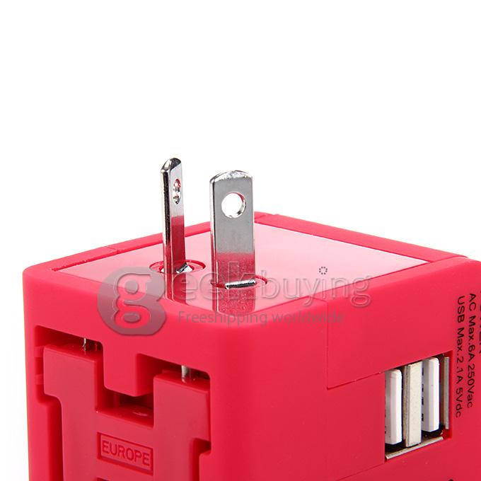 International 5 in 1 US EU AU UK Plug Travel Adapter Charger Socket with Dual USB Power - Rose Red