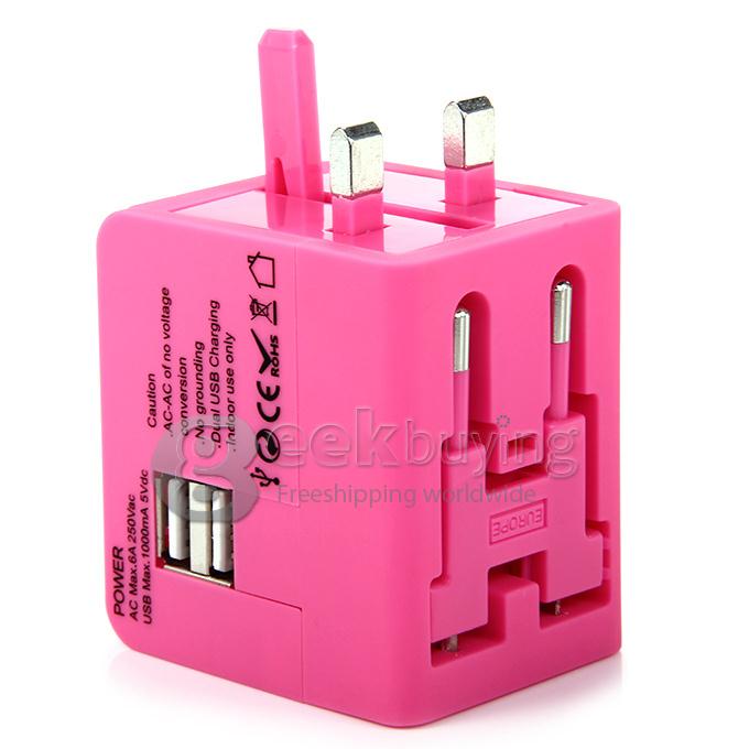 International 5 in 1 US EU AU UK Plug Travel Adapter Charger Socket with Dual USB Power - Pink