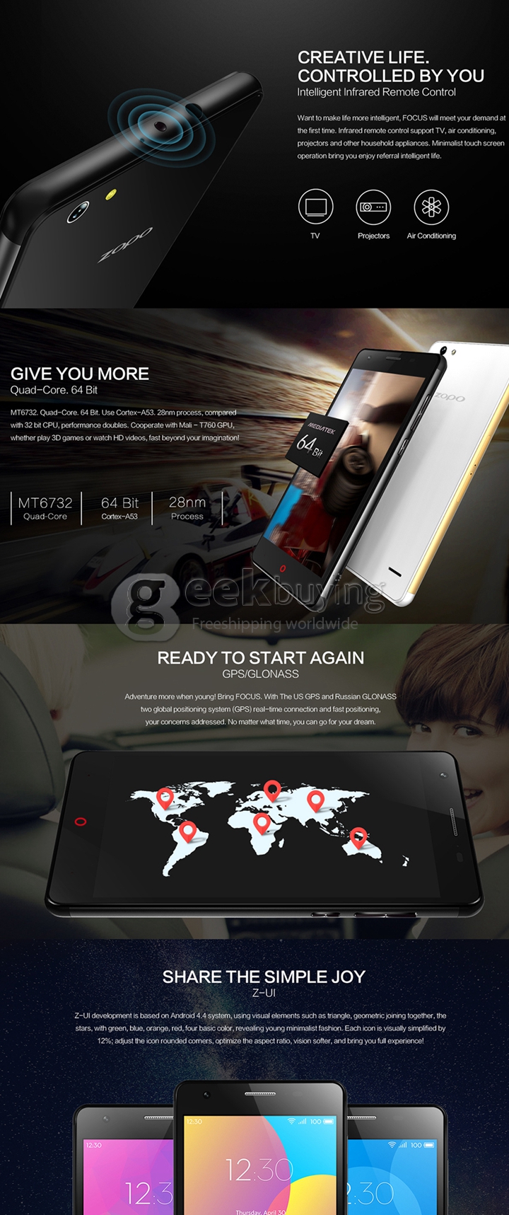 ZOPO Focus ZP720 5.3inch Android Phone IPS HD Screen 64-bit 4G LTE Smartphone MTK6732 Quad Core 1.5GHz 1GB 16GB 13.2MP - White
