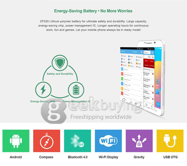 ZOPO ZP320+ 5Inch 4G Android 4.4 Smartphone MTK6582M Quad Core 1.3GHz 1GB RAM 8GB ROM 8.0MP Dual SIM Card IPS QHD -Black