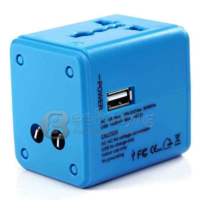 Universal Global Travel AC UK / EU / US / AU Plug Power Adapter Conversion Socket General with USB Port - Blue