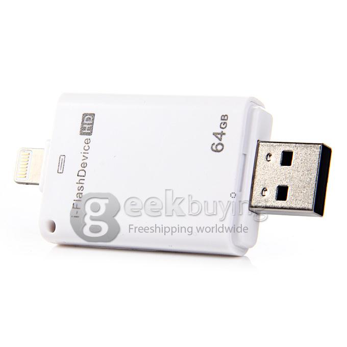 i-Flash HD Drive 64GB USB + 8-pin Port Flash Drive Memory Stick for iPad iPod iPhone 5s iPhone6 - White