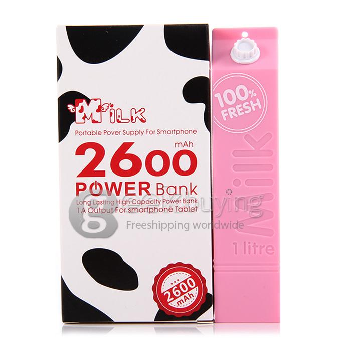 Portable Milk Box Style 2600mAh External Power Bank Battery Charger for Smartphone - Pink