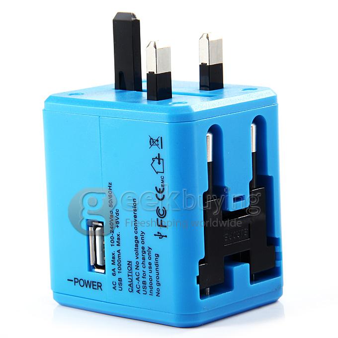 Universal Global Travel AC UK / EU / US / AU Plug Power Adapter Conversion Socket General with USB Port - Blue