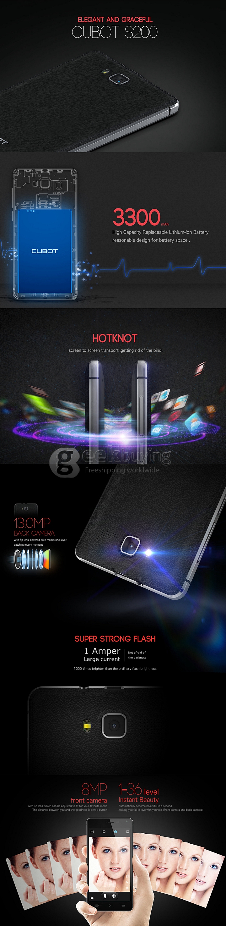 CUBOT S200 5.0inch IPS HD MTK6582 Quad Core 1.3GHz Smartphone Android 4.4 1GB 8GB 13.0MP 8.0MP Smart Wake 3G - White
