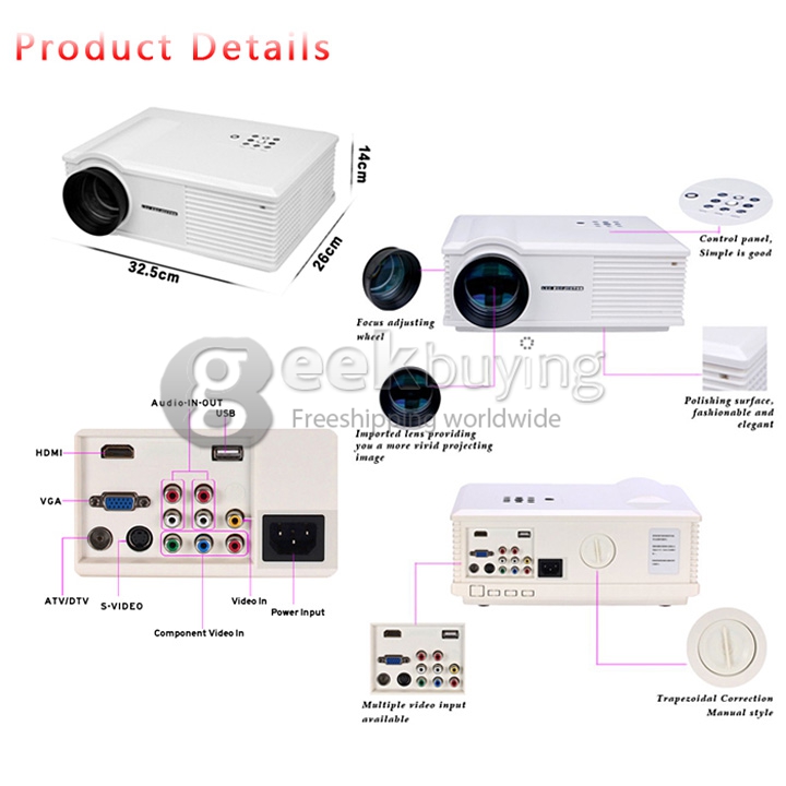 ProHome PH580 LED Projector Multimedia HD 1080P 1280*800 3200 Lumens HDMI USB VGA for Smartphone Game Home Theater White