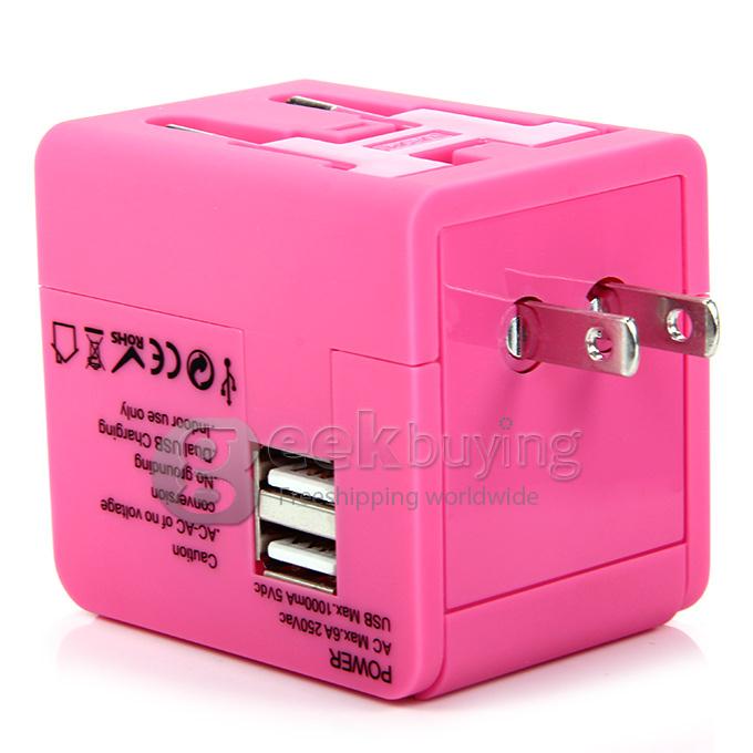 International 5 in 1 US EU AU UK Plug Travel Adapter Charger Socket with Dual USB Power - Pink
