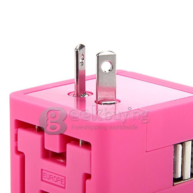 International 5 in 1 US EU AU UK Plug Travel Adapter Charger Socket with Dual USB Power - Pink