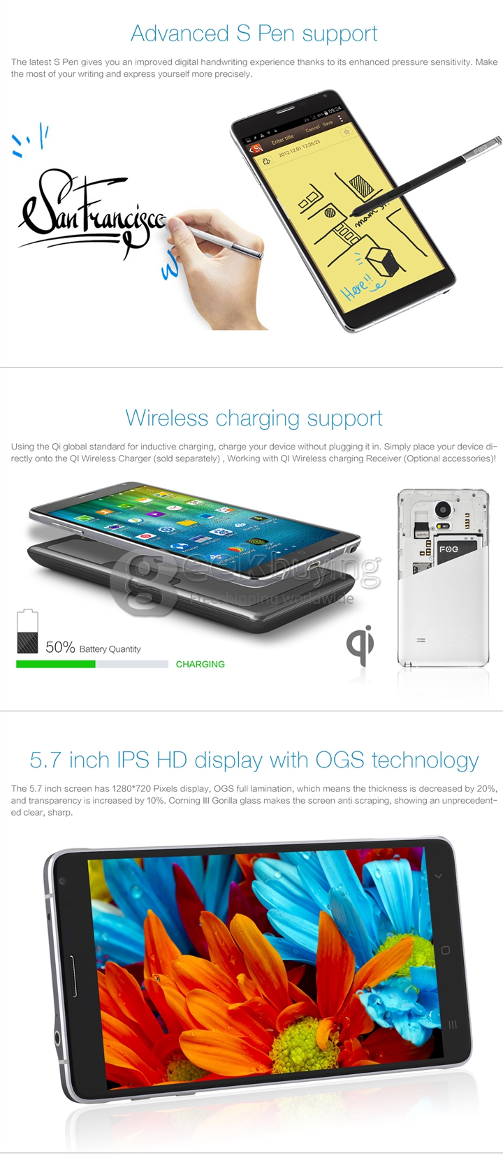 FOG N4 5.7 inch IPS HD Screen Android 4.4 MTK6592 Octa Core 1.7GHz Smartphone 1GB+16GB 13.0MP+5.0MP S-Pen 3G/GPS - White