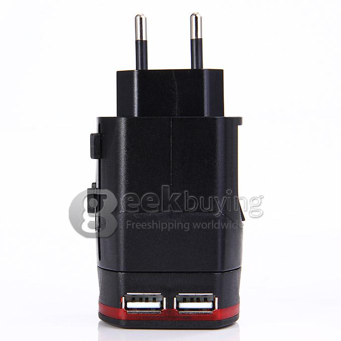 Universal Global Travel AC UK / EU / US / AU Plug Power Adapter Dual USB Conversion Socket - Black