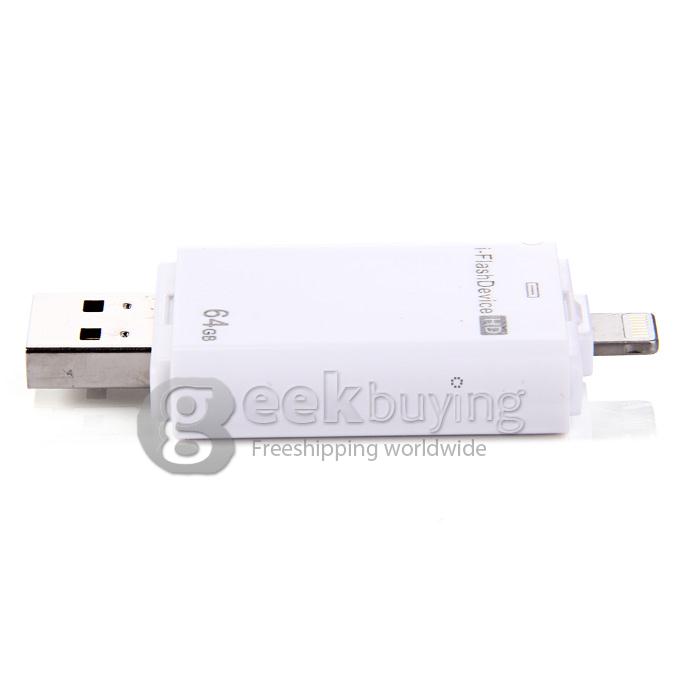 i-Flash HD Drive 64GB USB + 8-pin Port Flash Drive Memory Stick for iPad iPod iPhone 5s iPhone6 - White