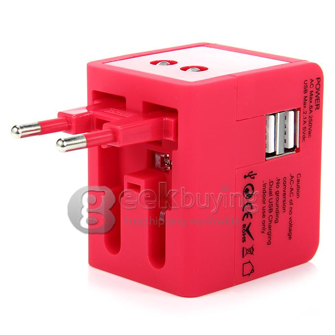 International 5 in 1 US EU AU UK Plug Travel Adapter Charger Socket with Dual USB Power - Rose Red