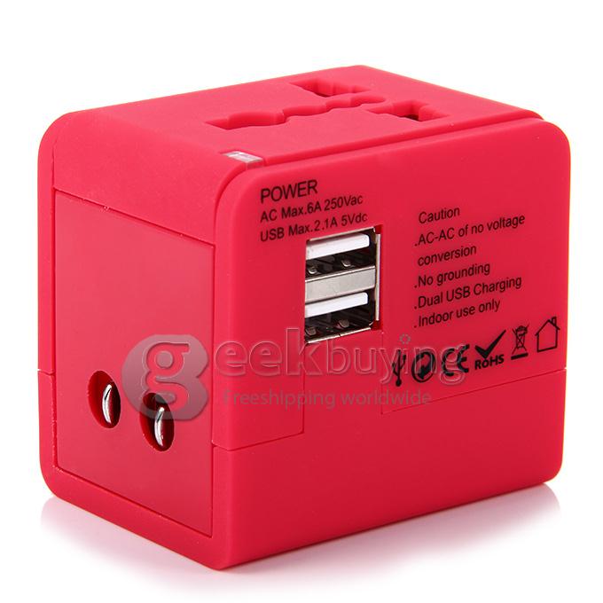 International 5 in 1 US EU AU UK Plug Travel Adapter Charger Socket with Dual USB Power - Rose Red