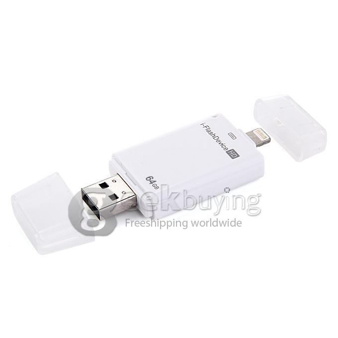 i-Flash HD Drive 64GB USB + 8-pin Port Flash Drive Memory Stick for iPad iPod iPhone 5s iPhone6 - White