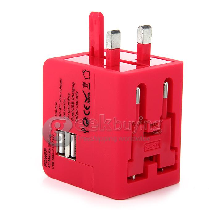 International 5 in 1 US EU AU UK Plug Travel Adapter Charger Socket with Dual USB Power - Rose Red