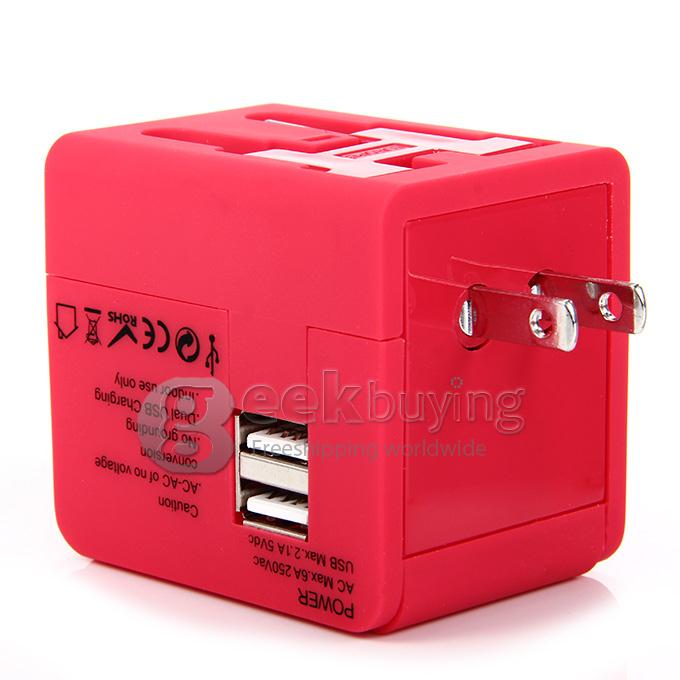 International 5 in 1 US EU AU UK Plug Travel Adapter Charger Socket with Dual USB Power - Rose Red