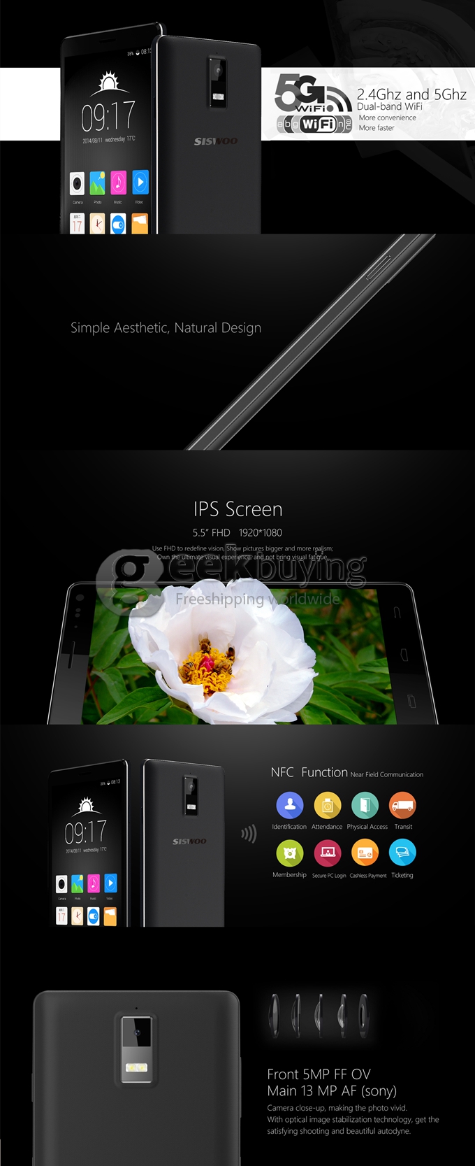 SISWOO Monster R8 5.5inch FHD 3GB+32GB Android 4.4 Phone MTK6595M Octa Core 2.0GHz 1920*1080P 13.0MP Smartphone - Black
