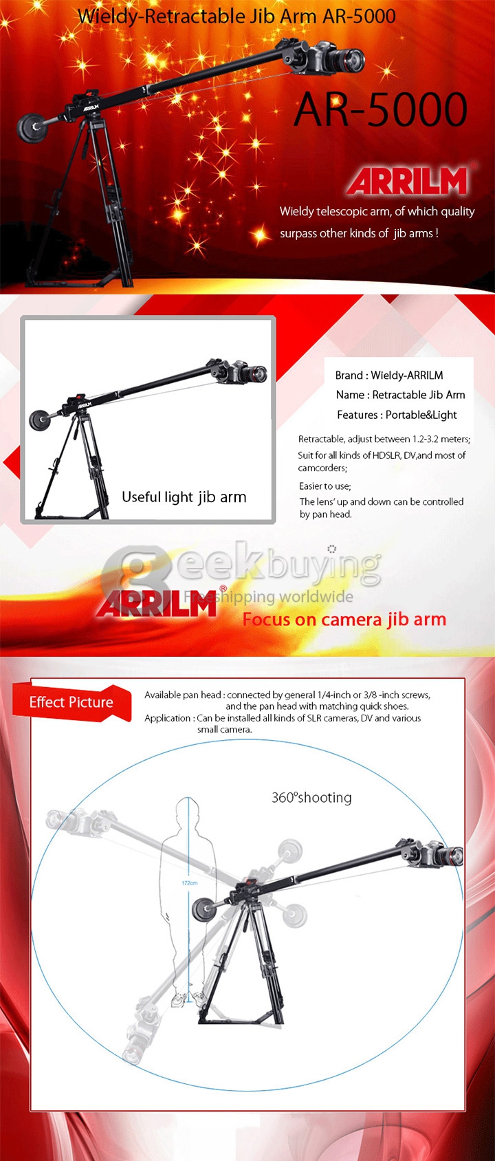 Wieldy AR5000 Retractable 10.5FT Light Swing Camera Crane Jib Arm for HDSLR DSLR