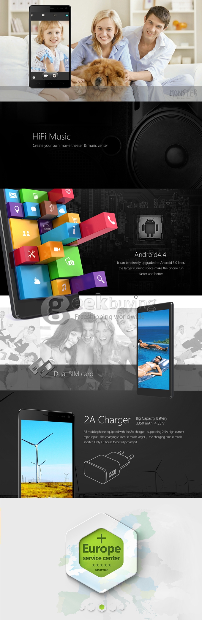 SISWOO Monster R8 5.5inch FHD 3GB+32GB Android 4.4 Phone MTK6595M Octa Core 2.0GHz 1920*1080P 13.0MP Smartphone - Black