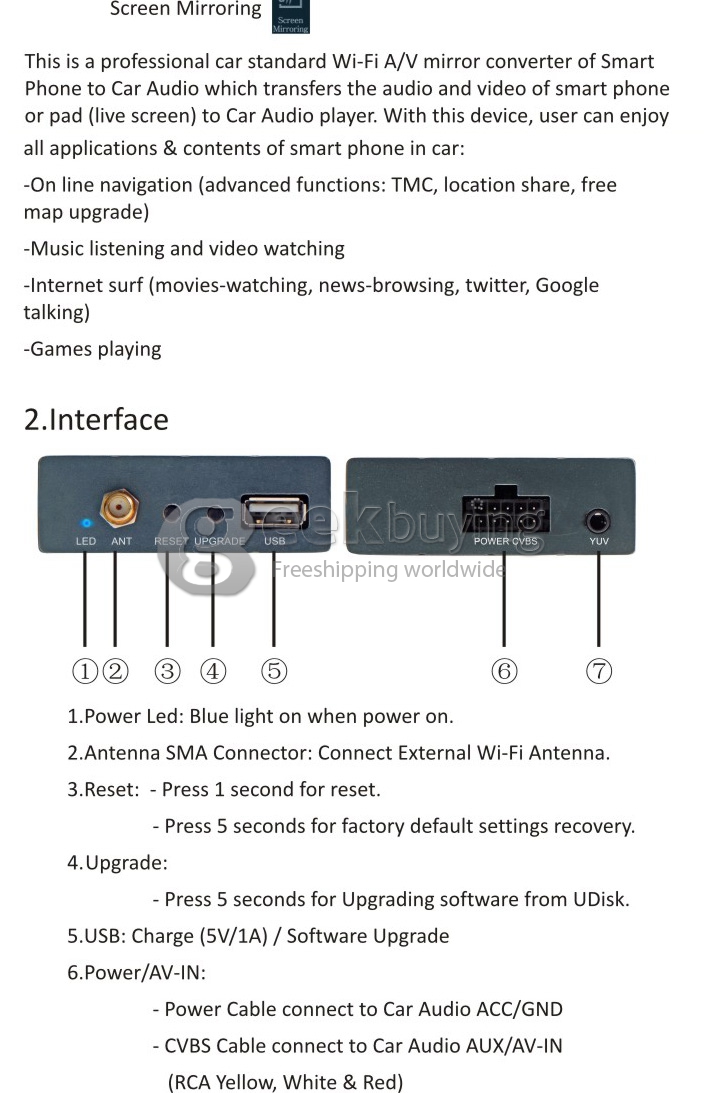 Car Wireless Mirabox WiFi AirPlay MiraCast for iPhone & Android Screen Mirroring to Car Stereos