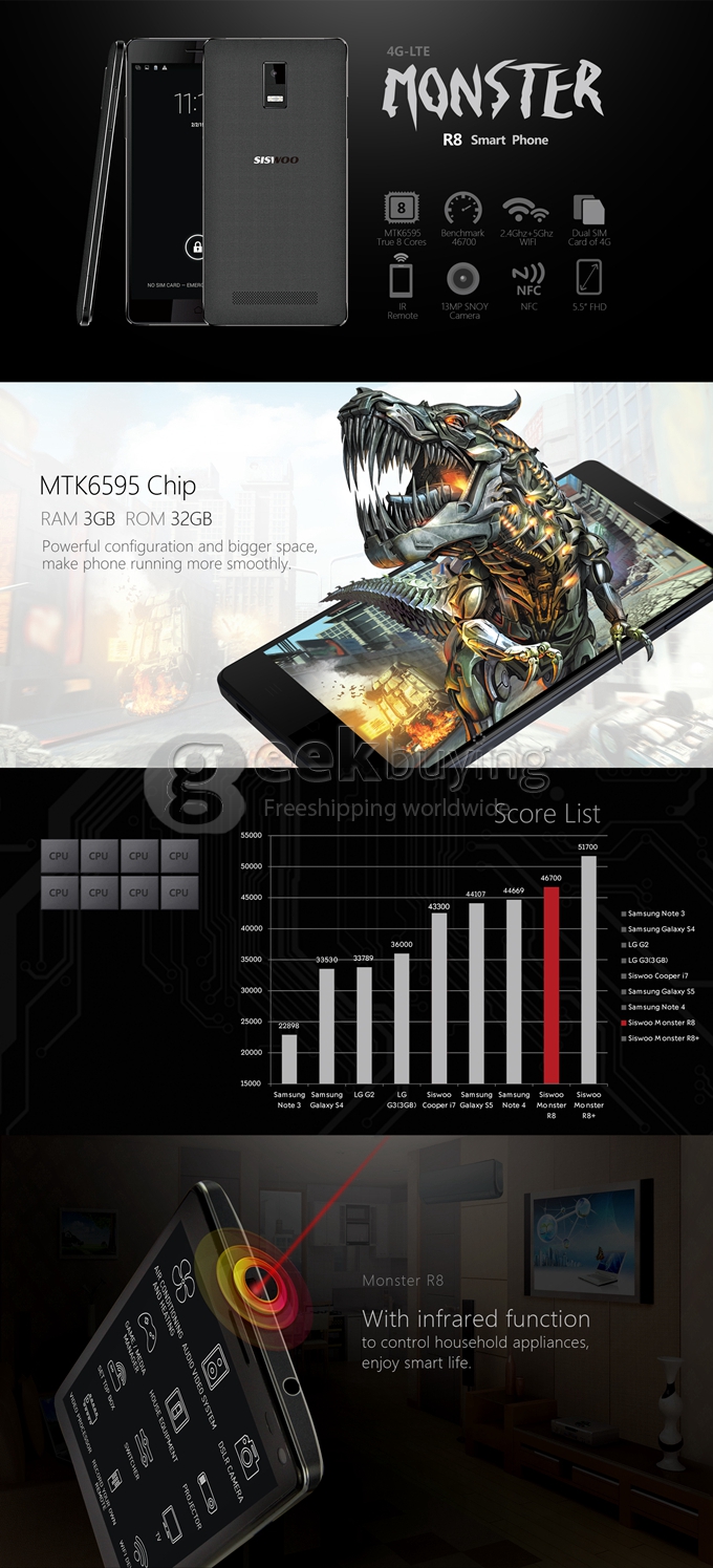 SISWOO Monster R8 5.5inch FHD 3GB+32GB Android 4.4 Phone MTK6595M Octa Core 2.0GHz 1920*1080P 13.0MP Smartphone - Black