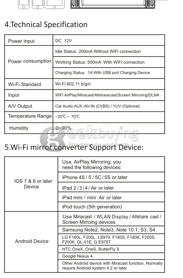 Car Wireless Mirabox WiFi AirPlay MiraCast for iPhone & Android Screen Mirroring to Car Stereos
