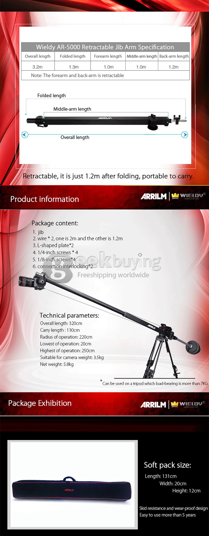 Wieldy AR5000 Retractable 10.5FT Light Swing Camera Crane Jib Arm for HDSLR DSLR