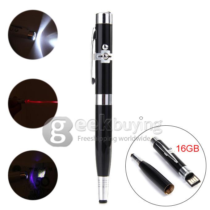 16GB USB 2.0 6 in 1 Multifunctional Capacitive Pen with Floodlight And Laser Light - Black
