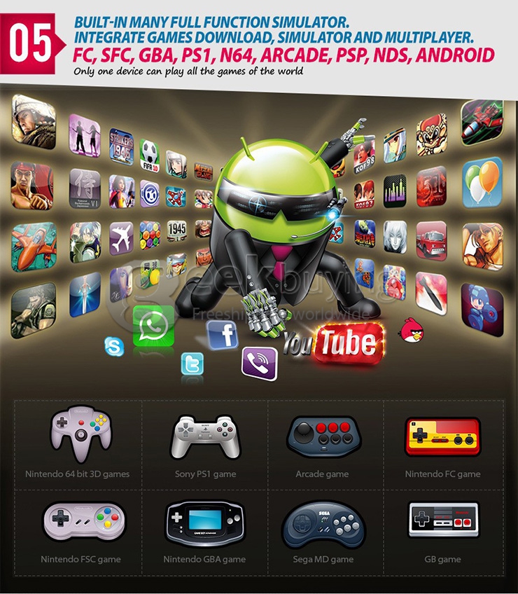 GPD Q88+ 7 inch Android 4.4 Gamepad Quad-core 1.6GHz IPS Screen 1GB/8GB Handheld Game Console Portable Game Tablet PC - Black