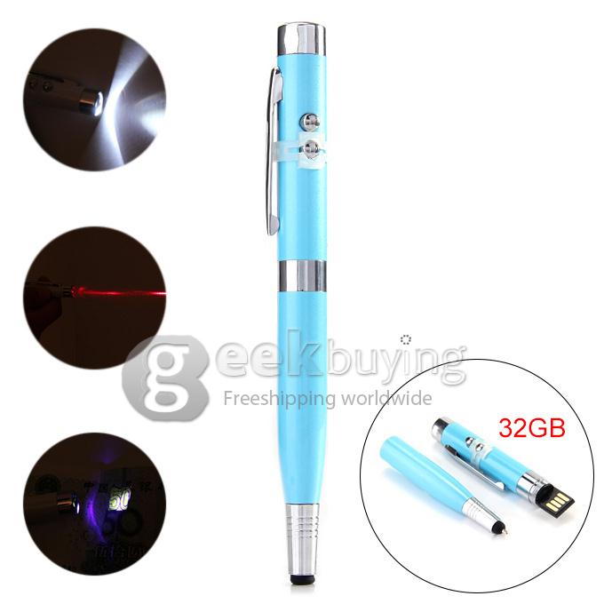 32GB USB 2.0 6 in 1 Multifunctional Capacitive Pen with Floodlight And Laser Light - Blue