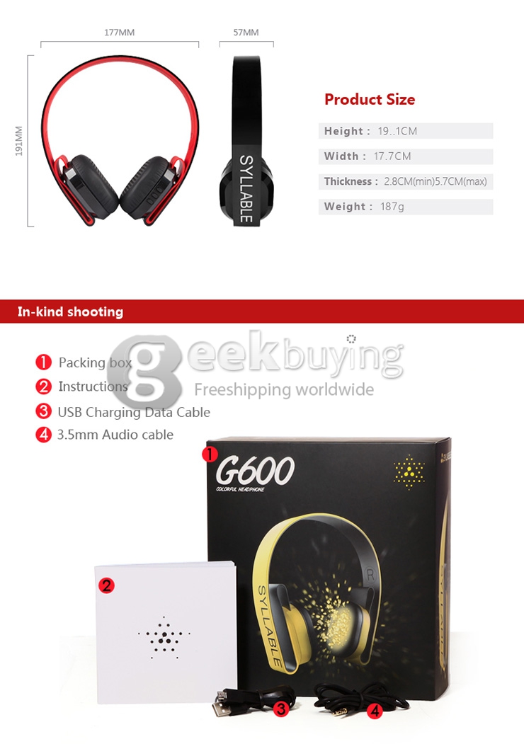 Syllable G600 Wireless Bluetooth 4.0 Headphone Earphone Deep Bass Built-in Mic / 40mm Speaker - Blue