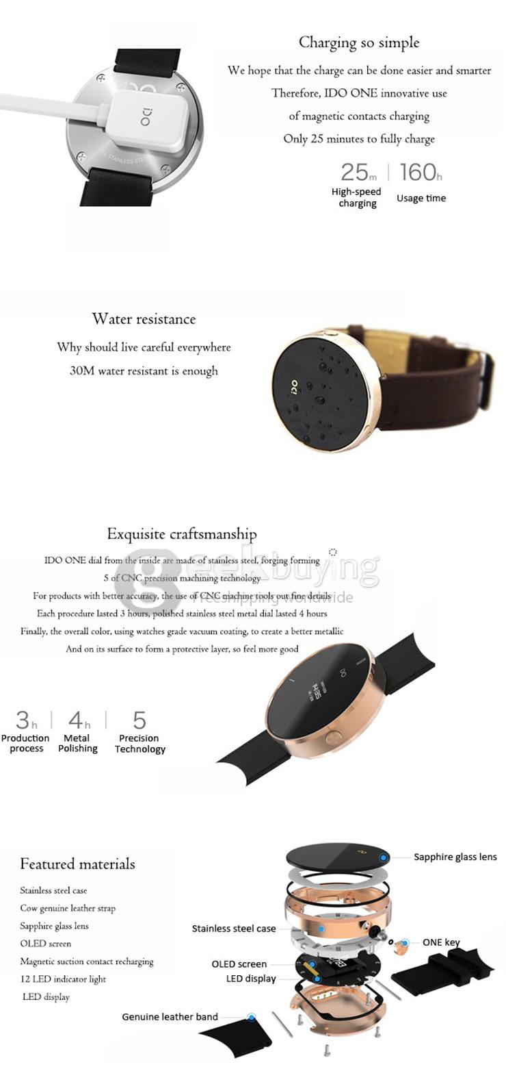 IDO ONE Waterproof Bluetooth 4.0 Silver Case Smart Watch Bracelet Sleep Tracking Sedentary Reminder for Android iOS - Brown Band
