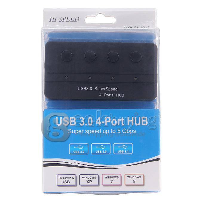 4 Ports USB 3.0 HUB with Switch Button - Black