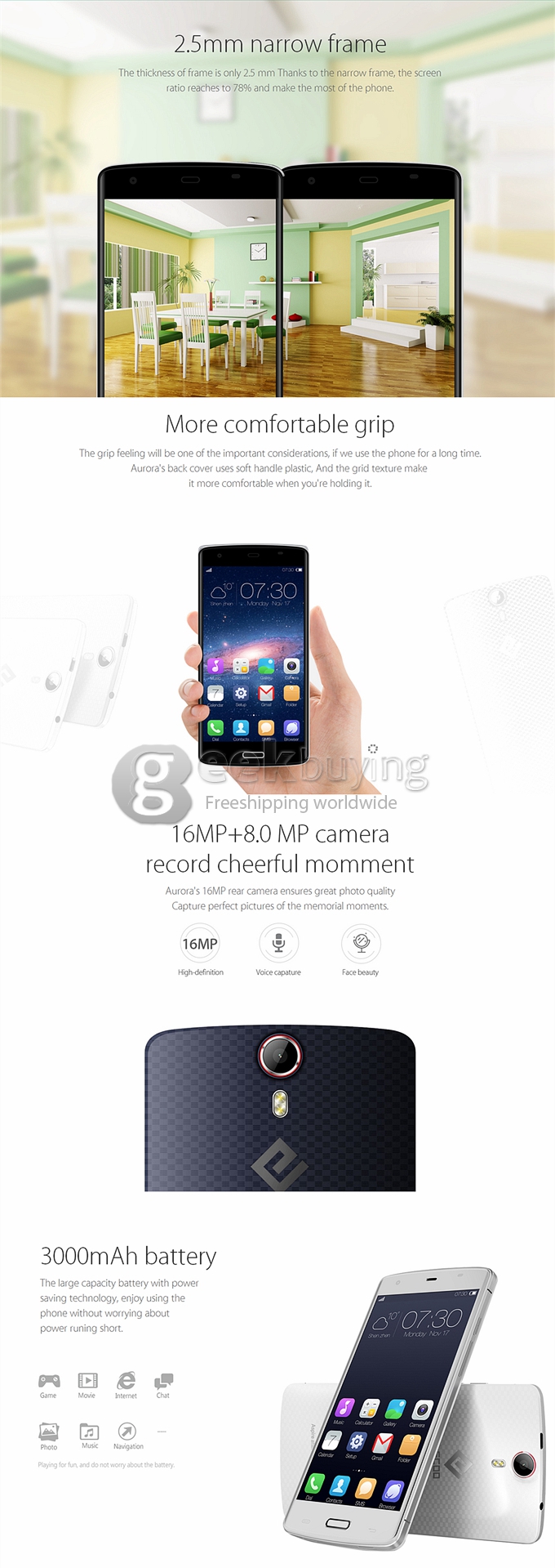 ECOO E04 PLUS 5.5inch FHD 3GB 16GB 4G Android 4.4 Smartphone MTK6752 Octa Core 1.7 GHz 16.0MP Miracast Fingerprint ID- Dark Blue