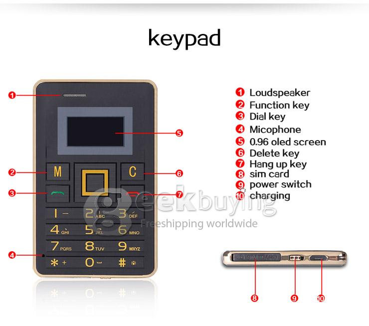 AEKU K5 4GB Memory Ultra Thin Slim 1.0 inch MTK Single Core Mini Pocket Card Cell Phones Bluetooth - Golden