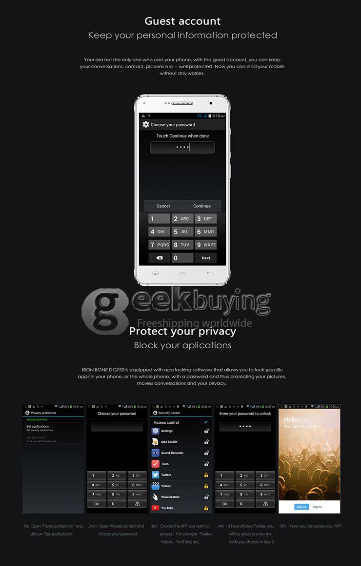 DOOGEE DG750 IRON BONE 4.7 Inch Android 4.4 Smartphone MTK6592 Octa Core 1GB RAM 8GB ROM 8.0MP 3G/GPS - Black